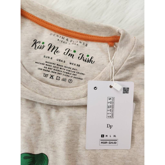 Leperchaun Mens Denim & Flower Graphic T-Shirt Off White Heathered S New - Picture 5 of 5